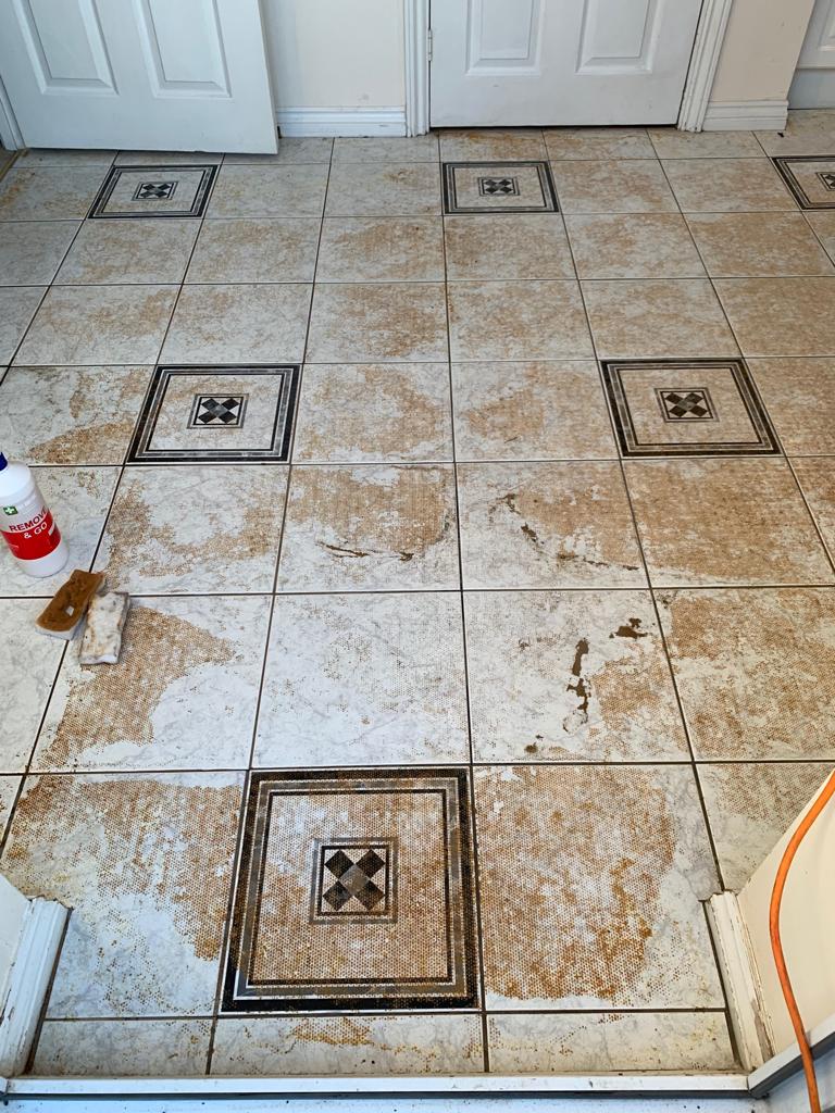 Adhesive Stained Ceramic Tiled Floor Renovated in Measham Tiling Tips